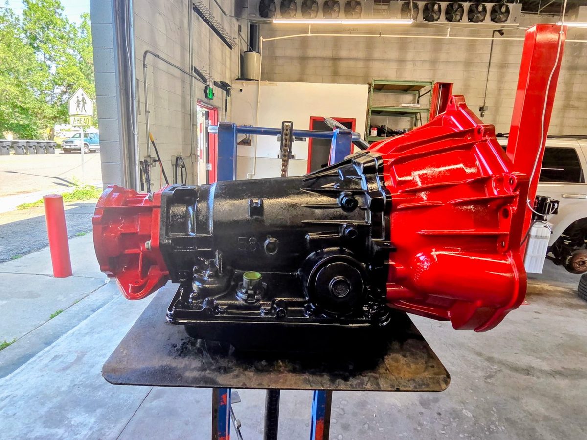 Freshly rebuilt and repainted transmission at RPM 1 Stop Auto Shop